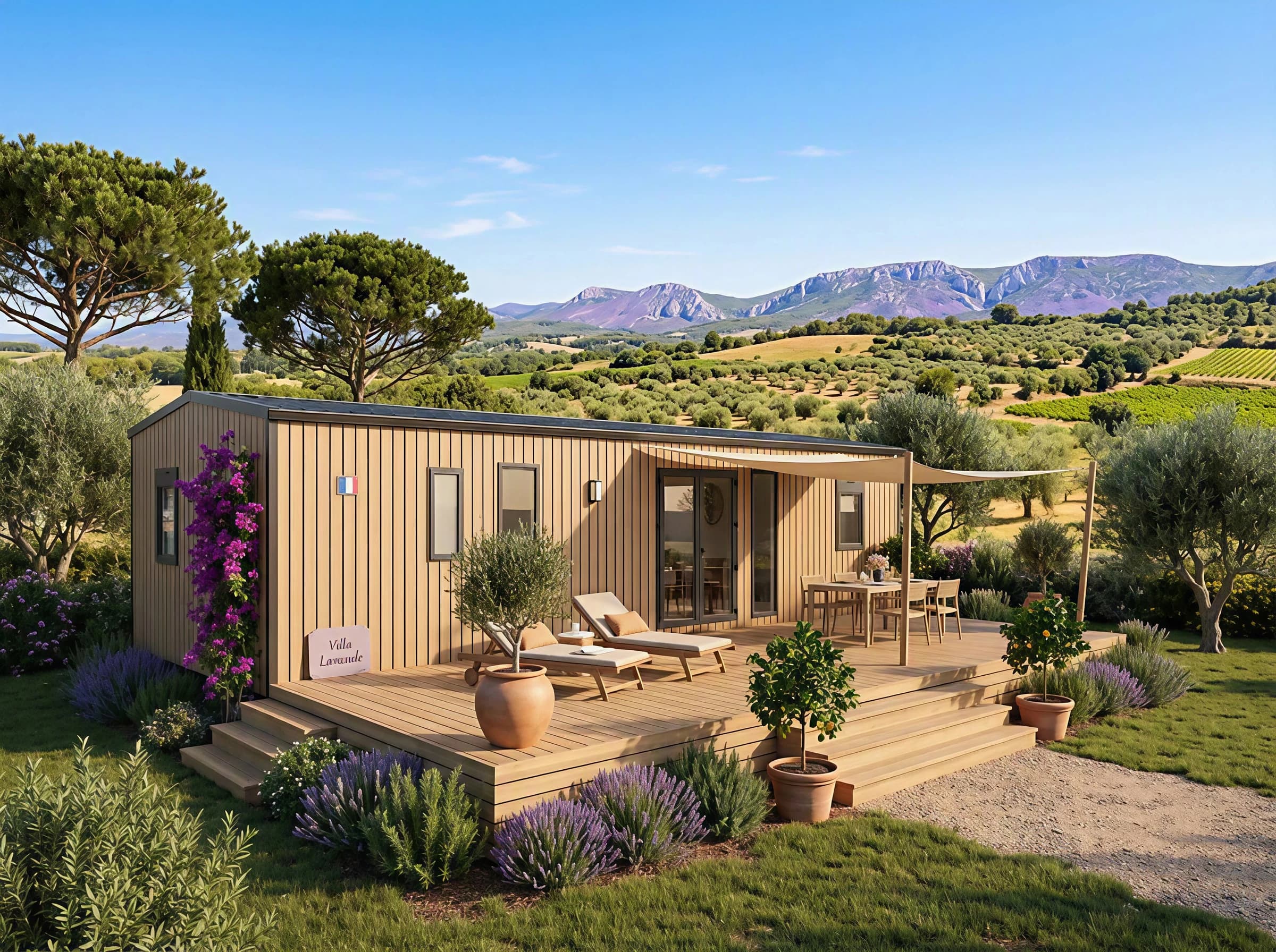 Kilimanjaro Trio, gamme Majestueux de BD Home Concept, bardage bois et terrasse dans une ambiance méditerranéenne